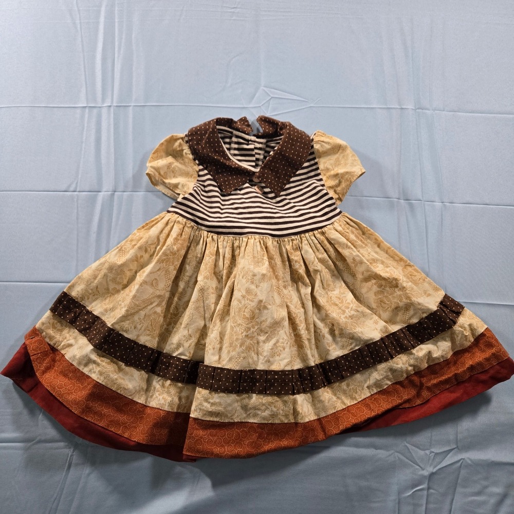 Persnickety Toddler Girls Dress Size 2 Beige Floral Striped Polka Dot Layered